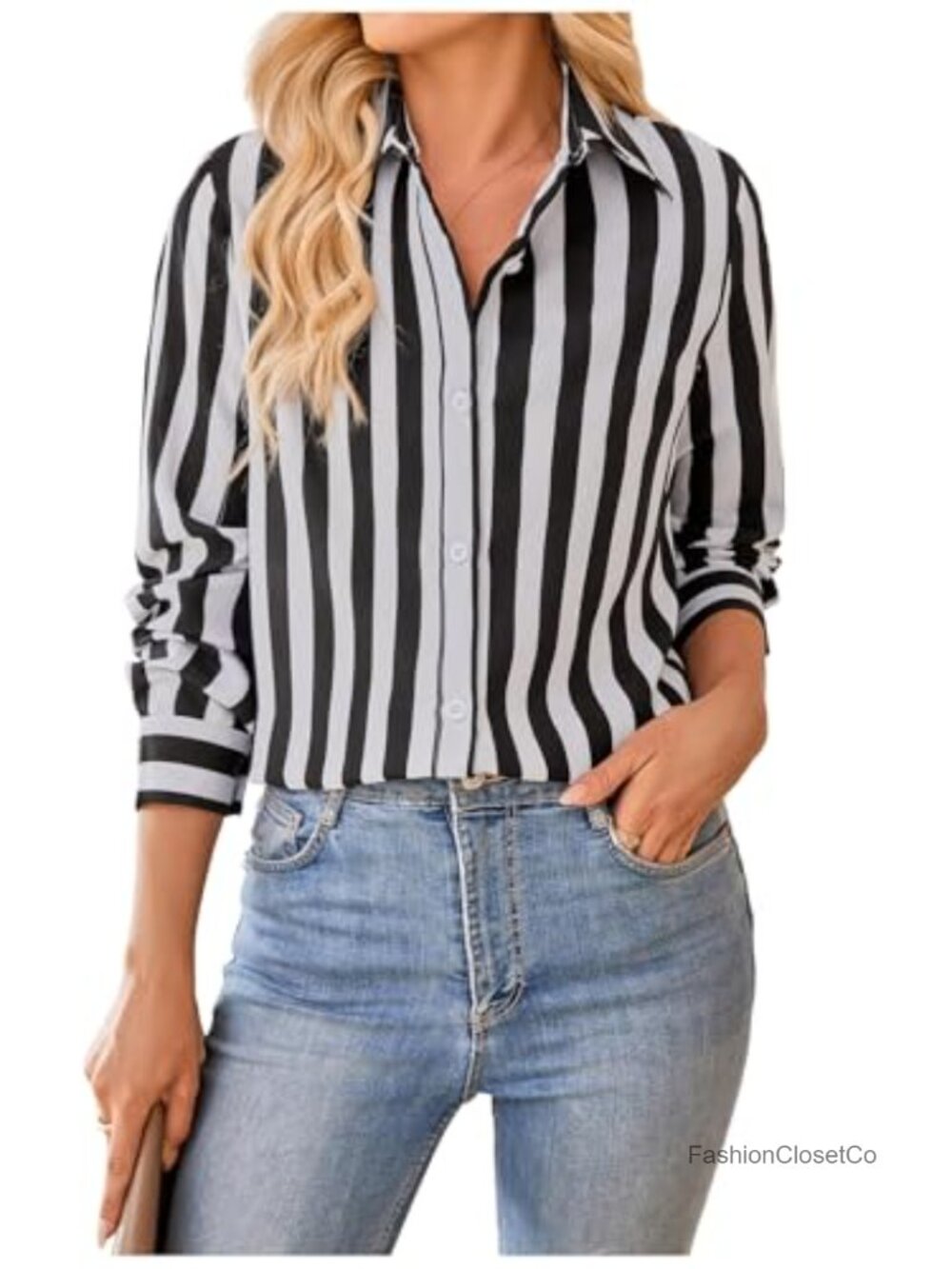 Women's Long Sleeve Button Down Casual Collared Striped Blouse